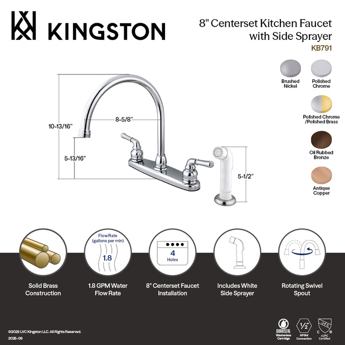Kingston Tulare KB794 - Magellan Two-Handle 4-Hole 8" Centerset Kitchen Faucet with Side Sprayer, Polished Chrome/Polished Brass