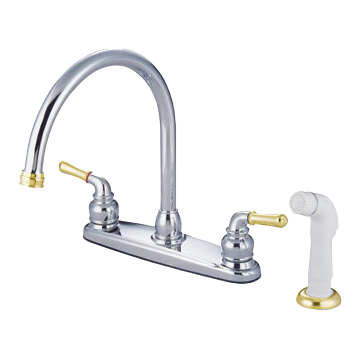 Kingston Tulare KB794 - Magellan Two-Handle 4-Hole 8" Centerset Kitchen Faucet with Side Sprayer, Polished Chrome/Polished Brass