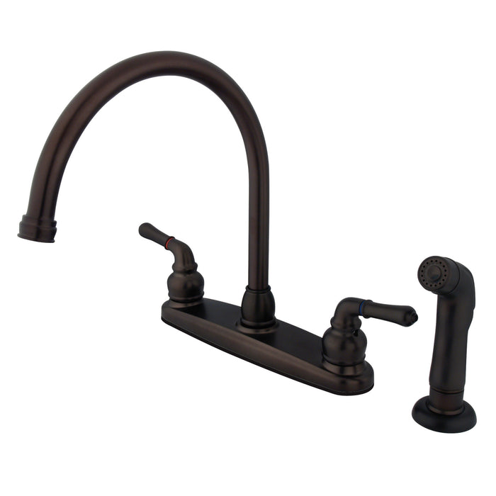 Kingston Tulare KB795SP - Magellan Two-Handle 4-Hole 8" Centerset Kitchen Faucet with Side Sprayer, Oil Rubbed Bronze