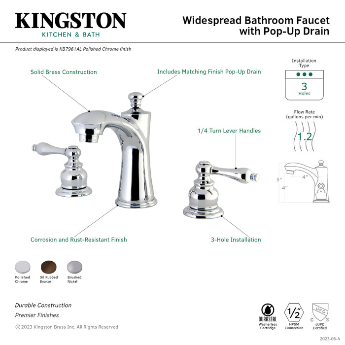 Kingston Tulare KB7961AL - Victorian Two-Handle 3-Hole Deck Mount Widespread Bathroom Faucet with Pop-Up Drain, Polished Chrome