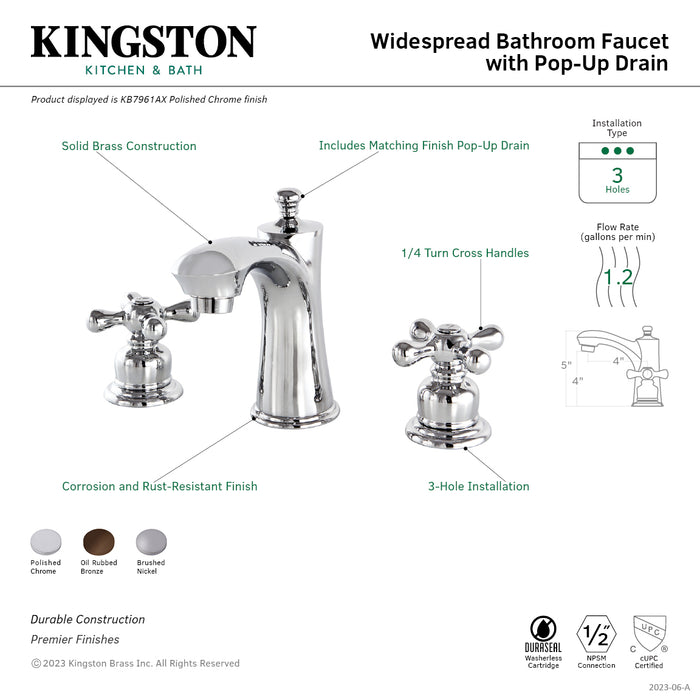 Kingston Tulare KB7961AX - Victorian Two-Handle 3-Hole Deck Mount Widespread Bathroom Faucet with Pop-Up Drain, Polished Chrome