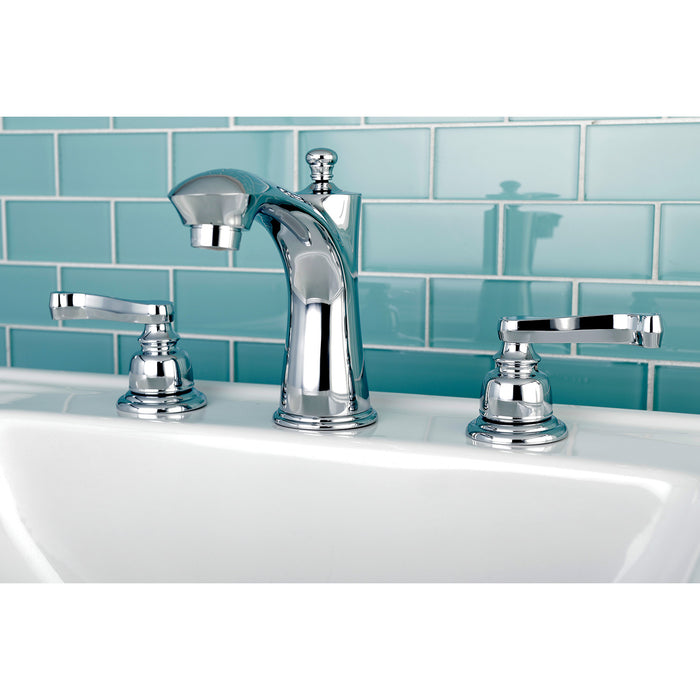 Kingston Tulare KB7961FL - Royale Two-Handle 3-Hole Deck Mount Widespread Bathroom Faucet with Pop-Up Drain, Polished Chrome