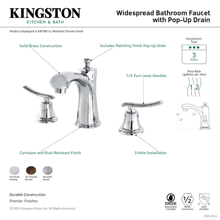 Kingston Tulare KB7961JL - Jamestown Two-Handle 3-Hole Deck Mount Widespread Bathroom Faucet with Pop-Up Drain, Polished Chrome