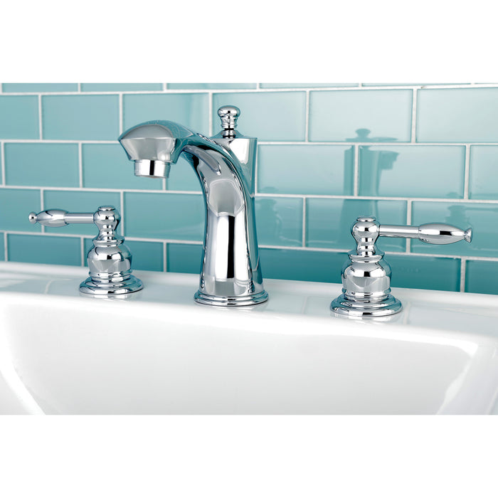 Kingston Tulare KB7961KL - Knight Two-Handle 3-Hole Deck Mount Widespread Bathroom Faucet with Pop-Up Drain, Polished Chrome