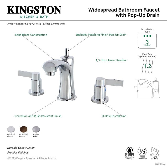 Kingston Tulare KB7961NDL - NuvoFusion Two-Handle 3-Hole Deck Mount Widespread Bathroom Faucet with Pop-Up Drain, Polished Chrome