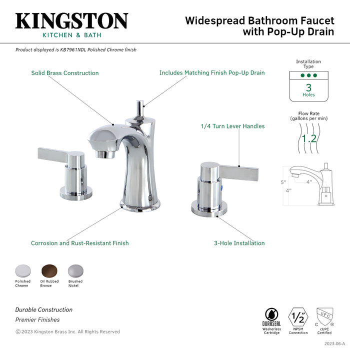 NuvoFusion KB7961NDL Two-Handle 3-Hole Deck Mount Widespread Bathroom Faucet with Plastic Pop-Up, Polished Chrome