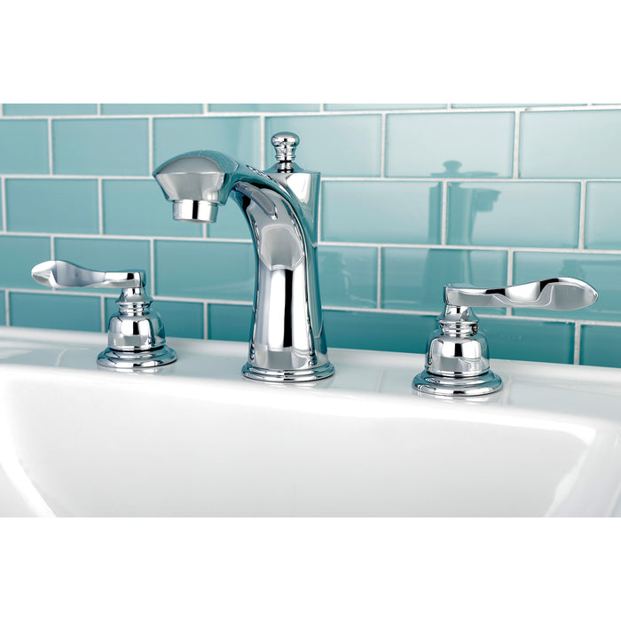 NuWave French KB7961NFL Two-Handle 3-Hole Deck Mount Widespread Bathroom Faucet with Plastic Pop-Up, Polished Chrome