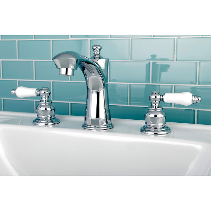 Kingston Tulare KB7961PL - Victorian Two-Handle 3-Hole Deck Mount Widespread Bathroom Faucet with Pop-Up Drain, Polished Chrome
