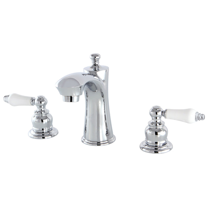 Kingston Tulare KB7961PL - Victorian Two-Handle 3-Hole Deck Mount Widespread Bathroom Faucet with Pop-Up Drain, Polished Chrome