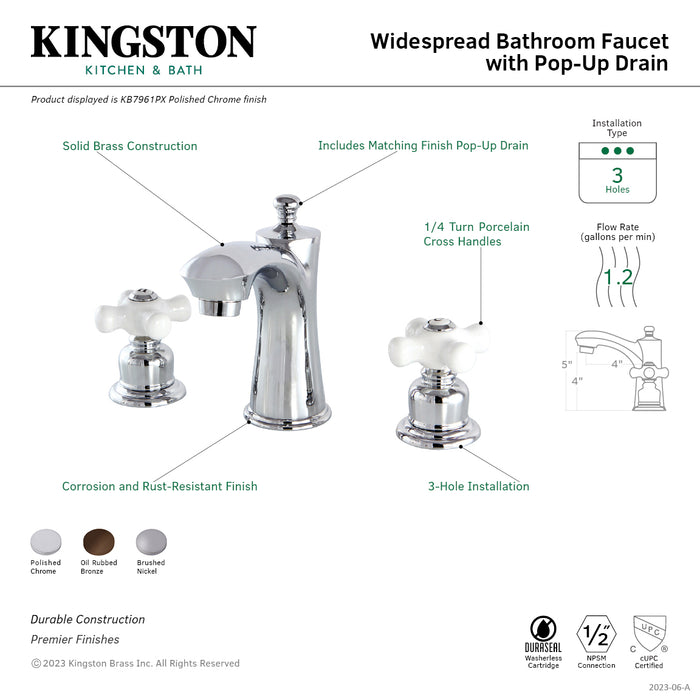 Kingston Tulare KB7961PX - Victorian Two-Handle 3-Hole Deck Mount Widespread Bathroom Faucet with Pop-Up Drain, Polished Chrome