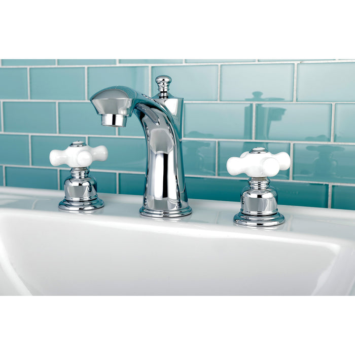 Kingston Tulare KB7961PX - Victorian Two-Handle 3-Hole Deck Mount Widespread Bathroom Faucet with Pop-Up Drain, Polished Chrome