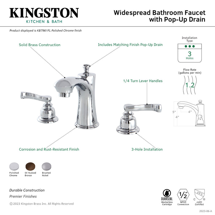 Kingston Tulare KB7965FL - Royale Two-Handle 3-Hole Deck Mount Widespread Bathroom Faucet with Pop-Up Drain, Oil Rubbed Bronze