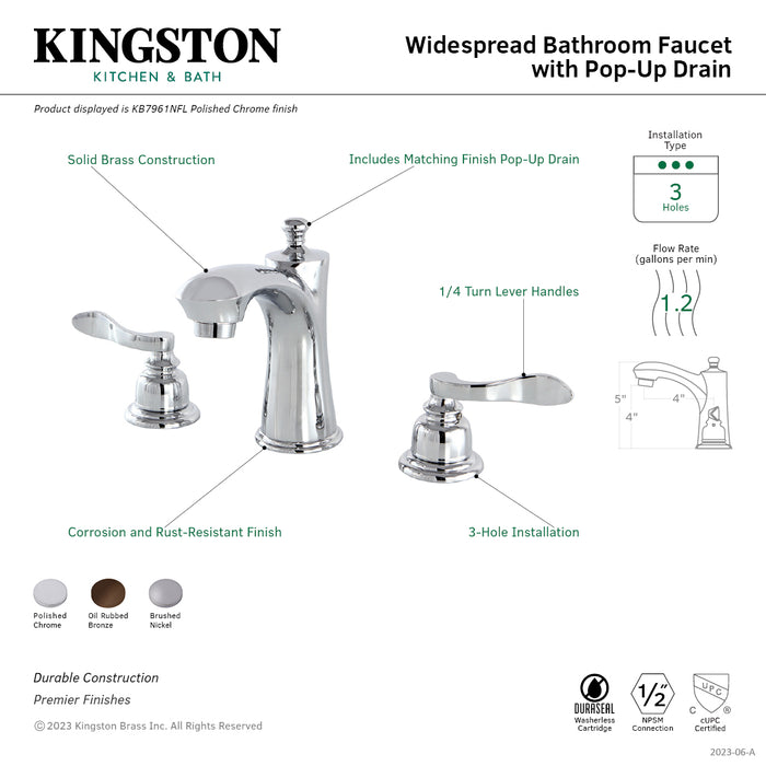 Kingston Tulare KB7965NFL - NuWave French Two-Handle 3-Hole Deck Mount Widespread Bathroom Faucet with Pop-Up Drain, Oil Rubbed Bronze