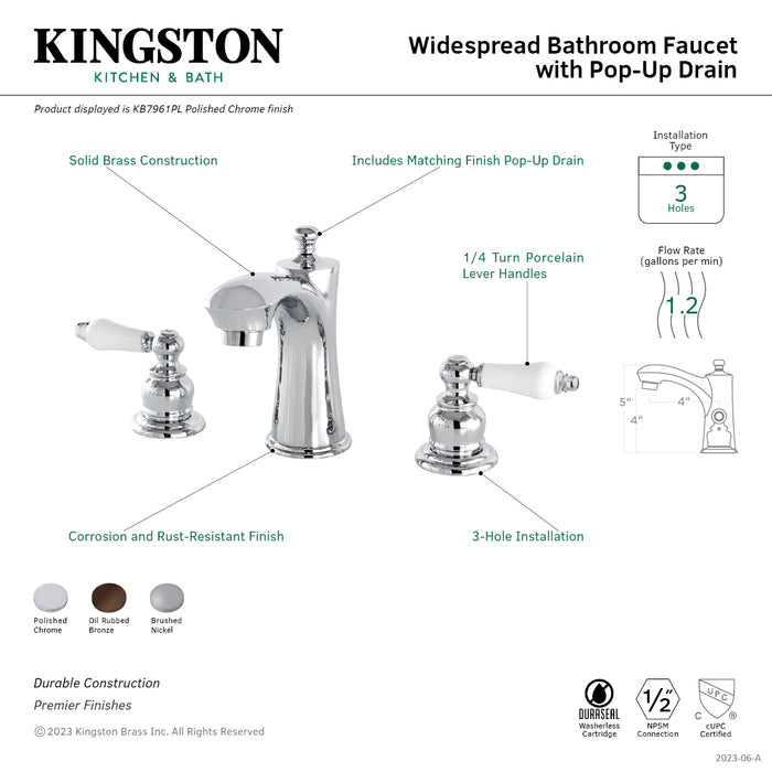 Kingston Tulare KB7965PL - Victorian Two-Handle 3-Hole Deck Mount Widespread Bathroom Faucet with Pop-Up Drain, Oil Rubbed Bronze