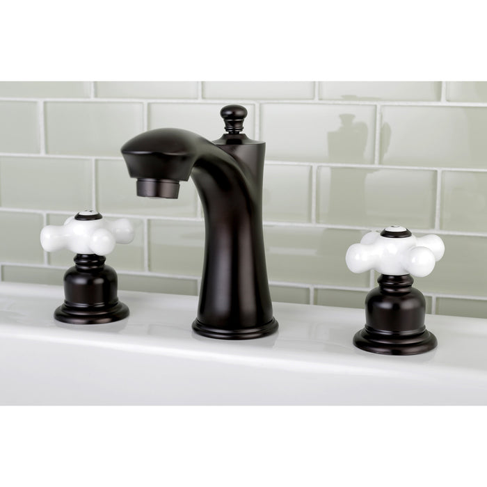 Kingston Tulare KB7965PX - Victorian Two-Handle 3-Hole Deck Mount Widespread Bathroom Faucet with Pop-Up Drain, Oil Rubbed Bronze