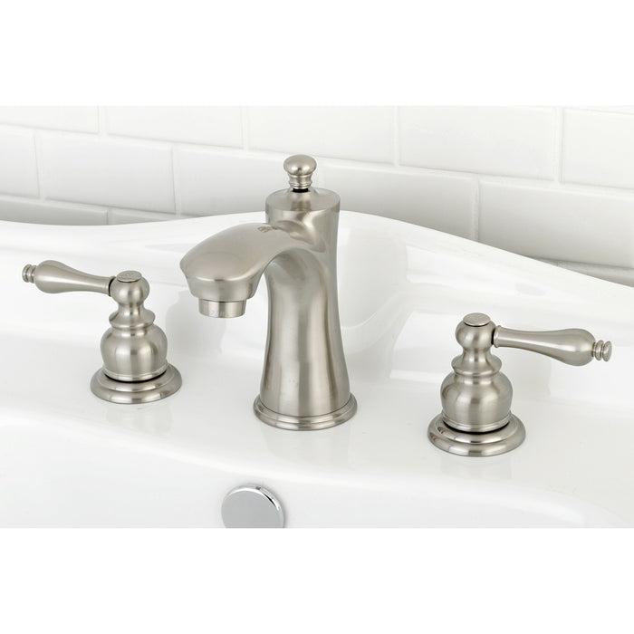Kingston Tulare KB7968AL - Victorian Two-Handle 3-Hole Deck Mount Widespread Bathroom Faucet with Pop-Up Drain, Brushed Nickel