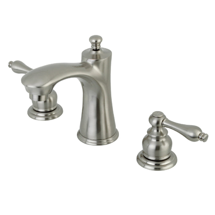 Kingston Tulare KB7968AL - Victorian Two-Handle 3-Hole Deck Mount Widespread Bathroom Faucet with Pop-Up Drain, Brushed Nickel