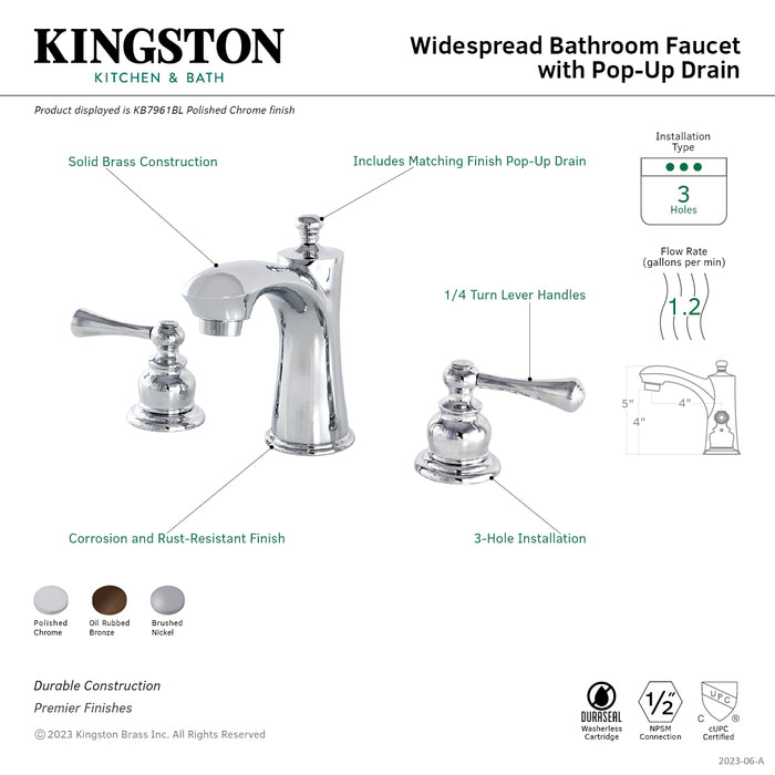Kingston Tulare KB7968BL - Vintage Two-Handle 3-Hole Deck Mount Widespread Bathroom Faucet with Pop-Up Drain, Brushed Nickel
