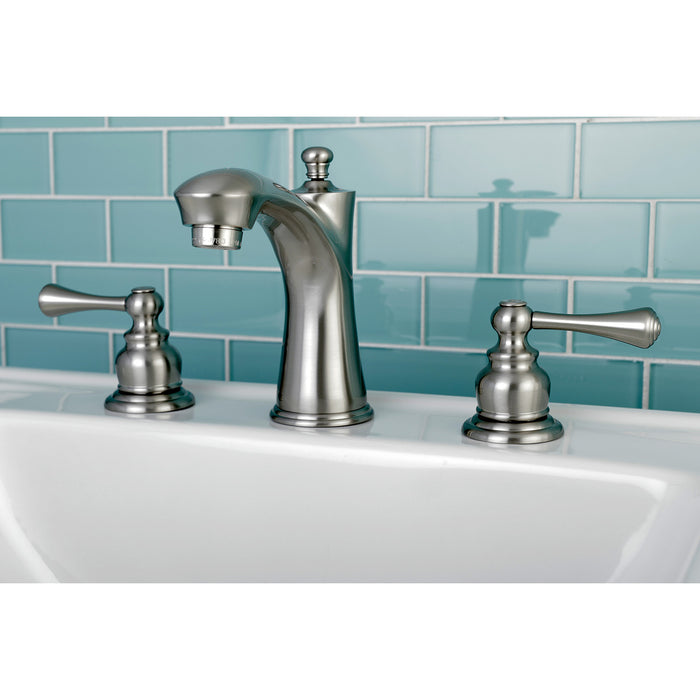 Kingston Tulare KB7968BL - Vintage Two-Handle 3-Hole Deck Mount Widespread Bathroom Faucet with Pop-Up Drain, Brushed Nickel