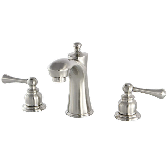 Kingston Tulare KB7968BL - Vintage Two-Handle 3-Hole Deck Mount Widespread Bathroom Faucet with Pop-Up Drain, Brushed Nickel