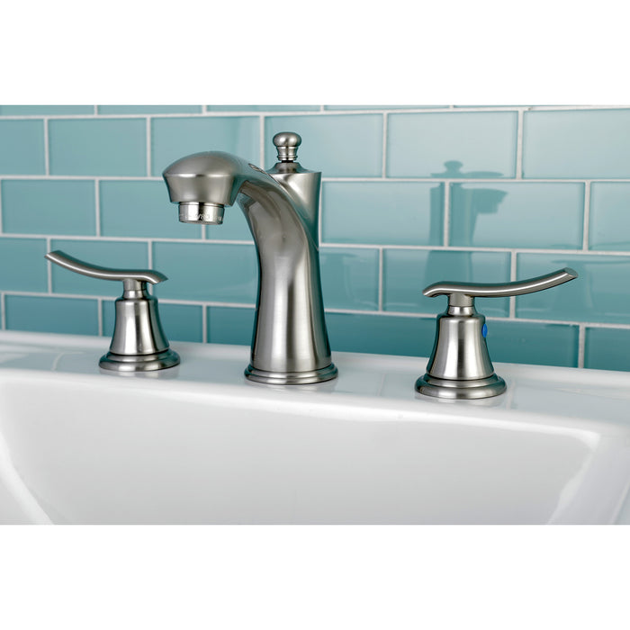 Jamestown KB7968JL Two-Handle 3-Hole Deck Mount Widespread Bathroom Faucet with Plastic Pop-Up, Brushed Nickel