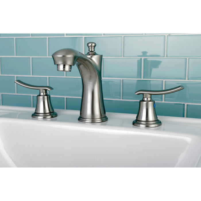 Kingston Tulare KB7968JL - Jamestown Two-Handle 3-Hole Deck Mount Widespread Bathroom Faucet with Pop-Up Drain, Brushed Nickel