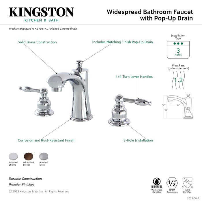 Kingston Tulare KB7968KL - Knight Two-Handle 3-Hole Deck Mount Widespread Bathroom Faucet with Pop-Up Drain, Brushed Nickel