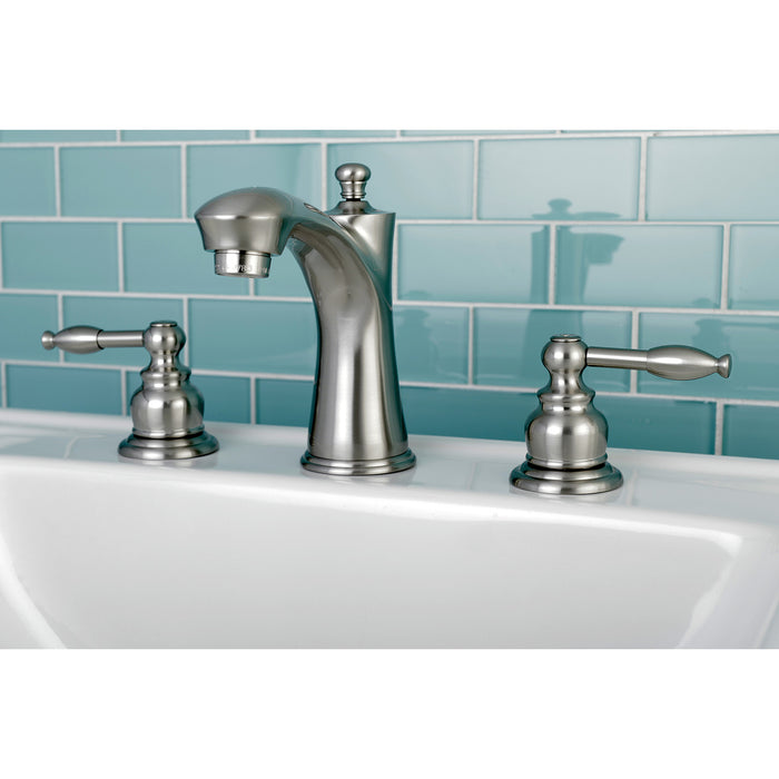 Kingston Tulare KB7968KL - Knight Two-Handle 3-Hole Deck Mount Widespread Bathroom Faucet with Pop-Up Drain, Brushed Nickel