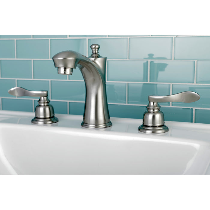 NuWave French KB7968NFL Two-Handle 3-Hole Deck Mount Widespread Bathroom Faucet with Plastic Pop-Up, Brushed Nickel