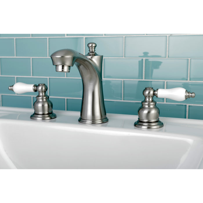 Kingston Tulare KB7968PL - Victorian Two-Handle 3-Hole Deck Mount Widespread Bathroom Faucet with Pop-Up Drain, Brushed Nickel