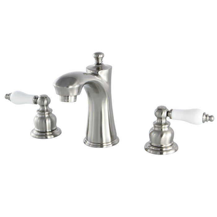 Kingston Tulare KB7968PL - Victorian Two-Handle 3-Hole Deck Mount Widespread Bathroom Faucet with Pop-Up Drain, Brushed Nickel