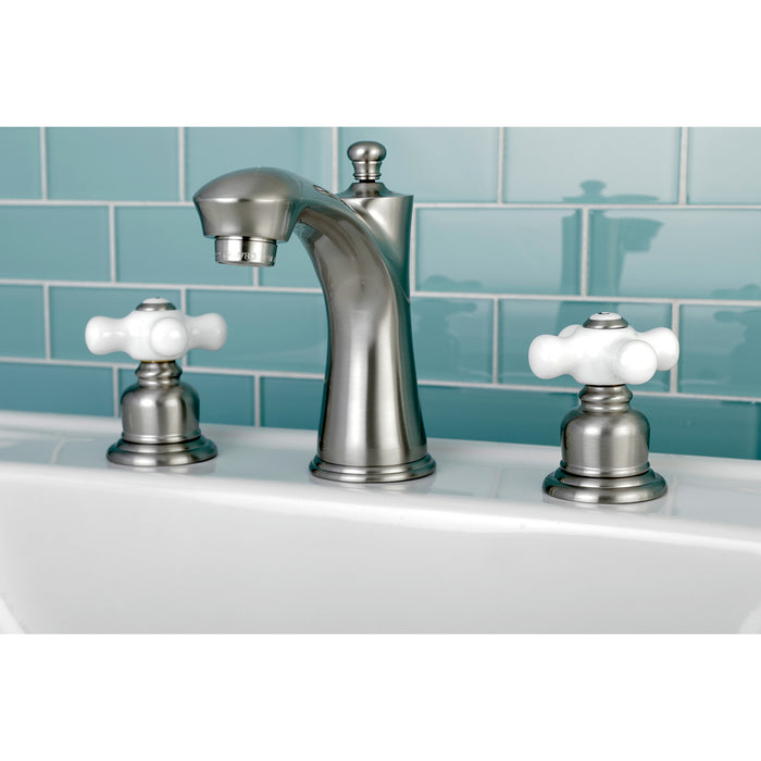 Kingston Tulare KB7968PX - Victorian Two-Handle 3-Hole Deck Mount Widespread Bathroom Faucet with Pop-Up Drain, Brushed Nickel
