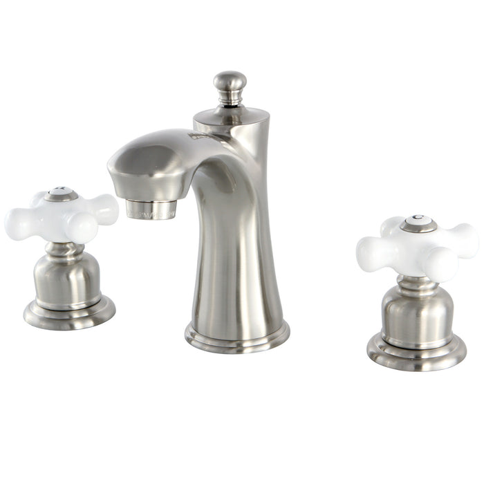 Kingston Tulare KB7968PX - Victorian Two-Handle 3-Hole Deck Mount Widespread Bathroom Faucet with Pop-Up Drain, Brushed Nickel