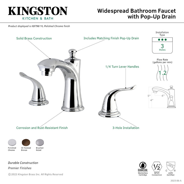 Kingston Tulare KB7968YL - Yosemite Two-Handle 3-Hole Deck Mount Widespread Bathroom Faucet with Pop-Up Drain, Brushed Nickel