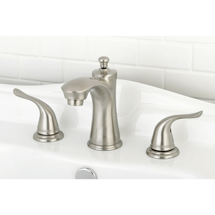 Kingston Tulare KB7968YL - Yosemite Two-Handle 3-Hole Deck Mount Widespread Bathroom Faucet with Pop-Up Drain, Brushed Nickel