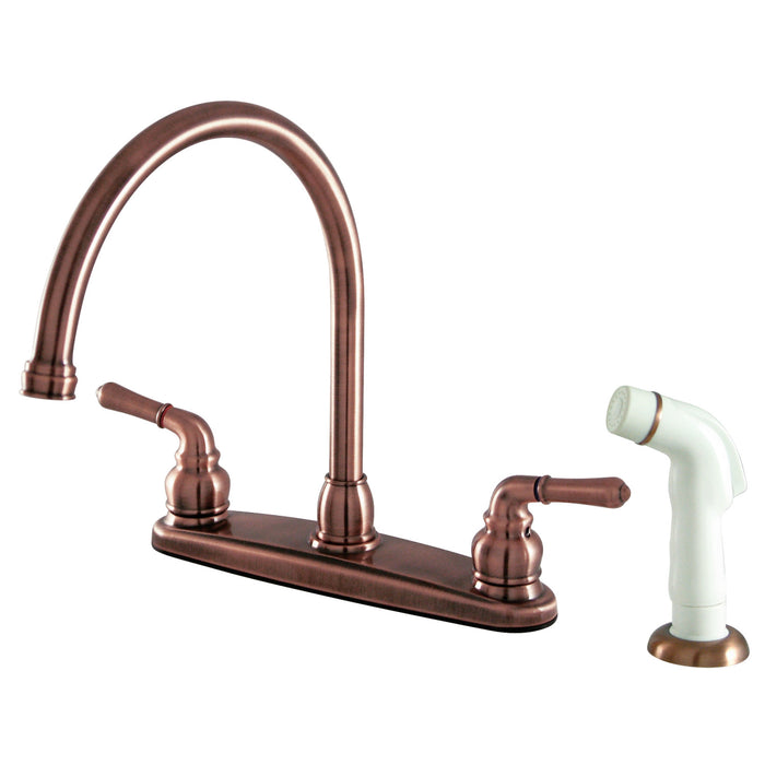 Kingston Tulare KB796 - Magellan Two-Handle 4-Hole 8" Centerset Kitchen Faucet with Side Sprayer, Antique Copper