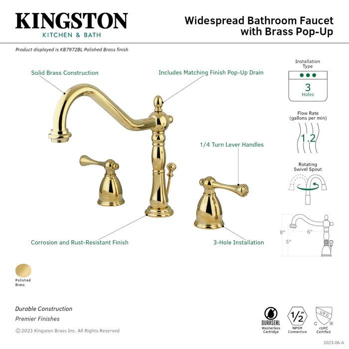 Kingston Heirloom KB7972BL - English Vintage Two-Handle 3-Hole Deck Mount Widespread Bathroom Faucet with Brass Pop-Up, Polished Brass