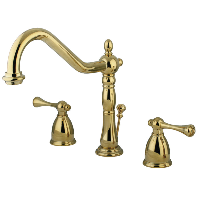 Kingston Heirloom KB7972BL - English Vintage Two-Handle 3-Hole Deck Mount Widespread Bathroom Faucet with Brass Pop-Up, Polished Brass