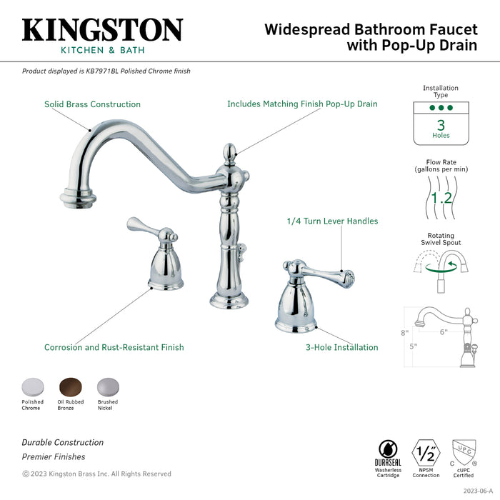 Kingston Heirloom KB7975BL - English Vintage Two-Handle 3-Hole Deck Mount Widespread Bathroom Faucet with Pop-Up Drain, Oil Rubbed Bronze