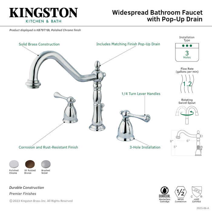 English Vintage KB7978BL Two-Handle 3-Hole Deck Mount Widespread Bathroom Faucet with Brass Pop-Up, Brushed Nickel