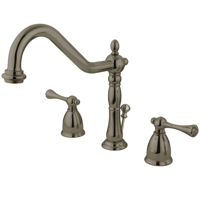 Kingston Heirloom KB7978BL - English Vintage Two-Handle 3-Hole Deck Mount Widespread Bathroom Faucet with Pop-Up Drain, Brushed Nickel