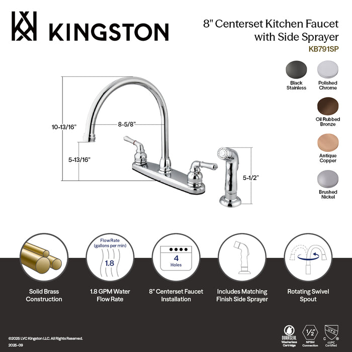 Kingston Tulare KB798SP - Magellan Two-Handle 4-Hole 8" Centerset Kitchen Faucet with Side Sprayer, Brushed Nickel