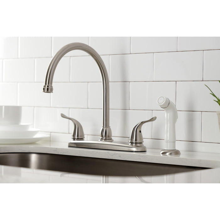 Kingston Tulare KB798YL - Yosemite Two-Handle 4-Hole 8" Centerset Kitchen Faucet with Side Sprayer, Brushed Nickel