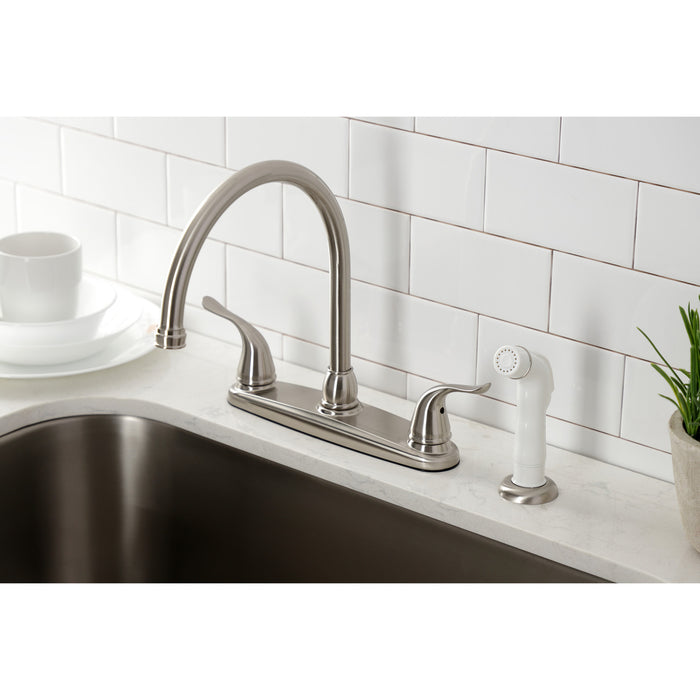 Kingston Tulare KB798YL - Yosemite Two-Handle 4-Hole 8" Centerset Kitchen Faucet with Side Sprayer, Brushed Nickel