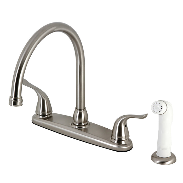 Kingston Tulare KB798YL - Yosemite Two-Handle 4-Hole 8" Centerset Kitchen Faucet with Side Sprayer, Brushed Nickel