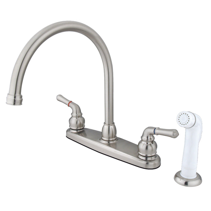 Kingston Tulare KB798 - Magellan Two-Handle 4-Hole 8" Centerset Kitchen Faucet with Side Sprayer, Brushed Nickel
