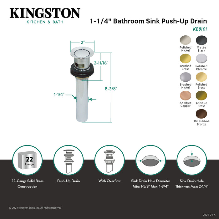 Trimscape KB8102 Brass Push Pop-Up Bathroom Sink Drain with Overflow, 22 Gauge, Polished Brass