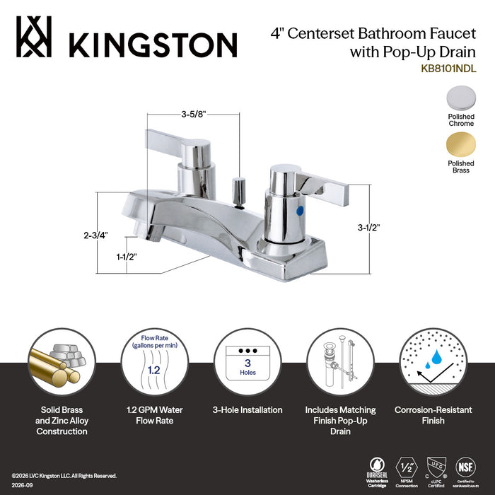 Kingston Tulare KB8102NDL - NuvoFusion Double-Handle 3-Hole Deck Mount 4-Inch Centerset Bathroom Faucet with Pop-Up Drain, Polished Brass