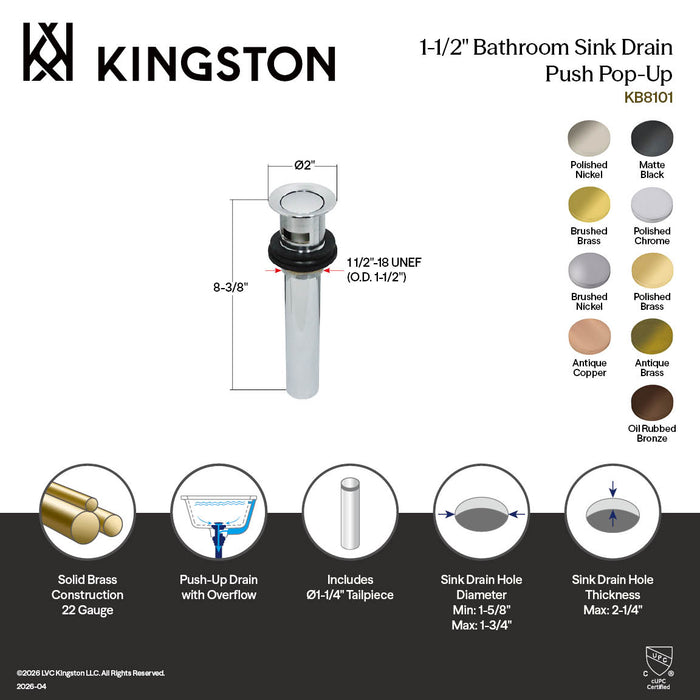 Kingston Trimscape KB8108 Brass Push Pop-Up Bathroom Sink Drain with Overflow, 22 Gauge, Brushed Nickel