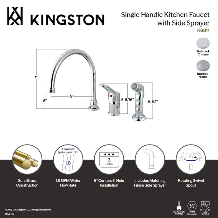 Wyndham KB811 Single-Handle 3-Hole Widespread Kitchen Faucet with Side Sprayer, Polished Chrome